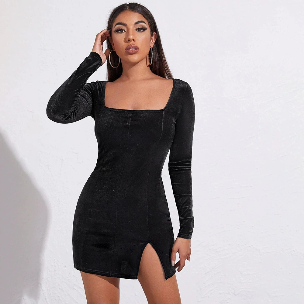 ZARA Sexy French Velvet Square Neck Long Sleeve Bodycon Slit Dress